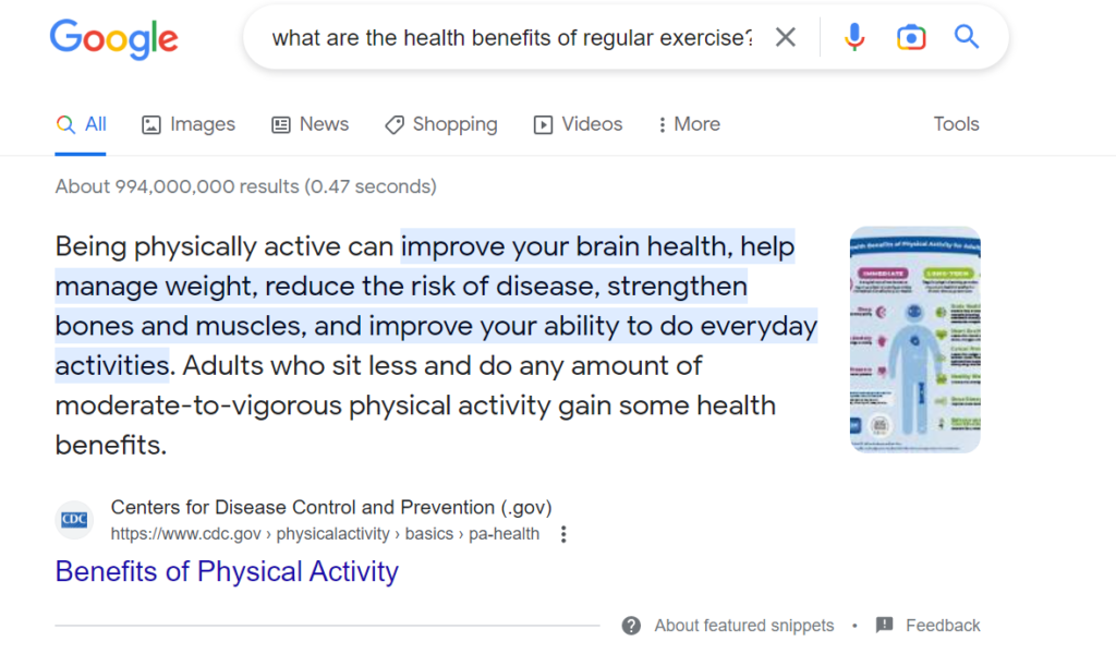 Google results when asked for benefits of exercise